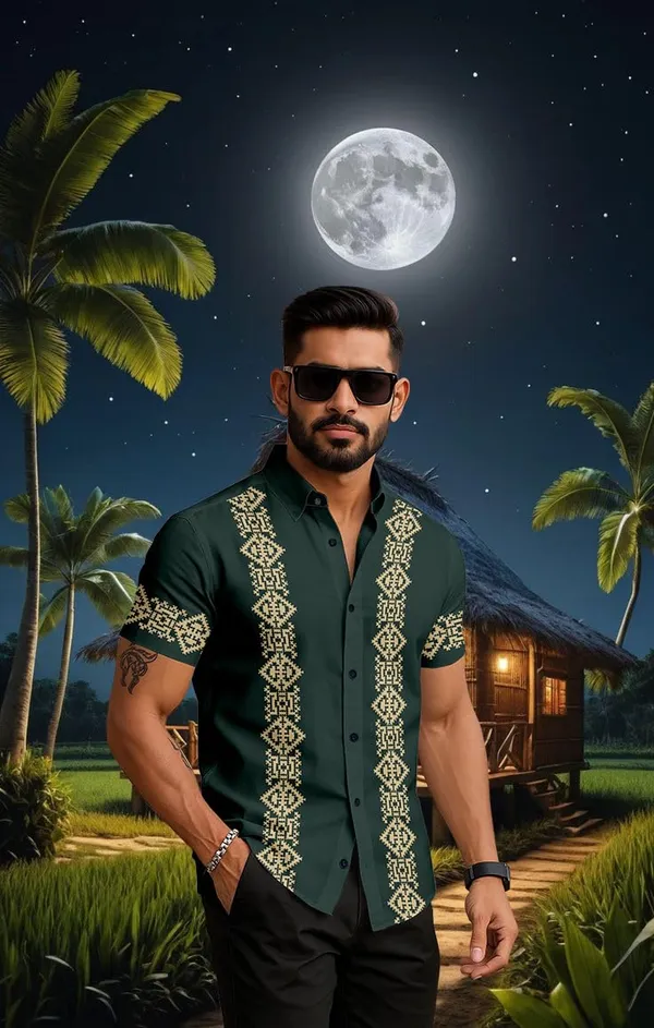 Green_Traditional_Embroidered_Short_Sleeve_Shirt,_Dark_Green_With_Gold_Pattern,_Casual_Button_Down