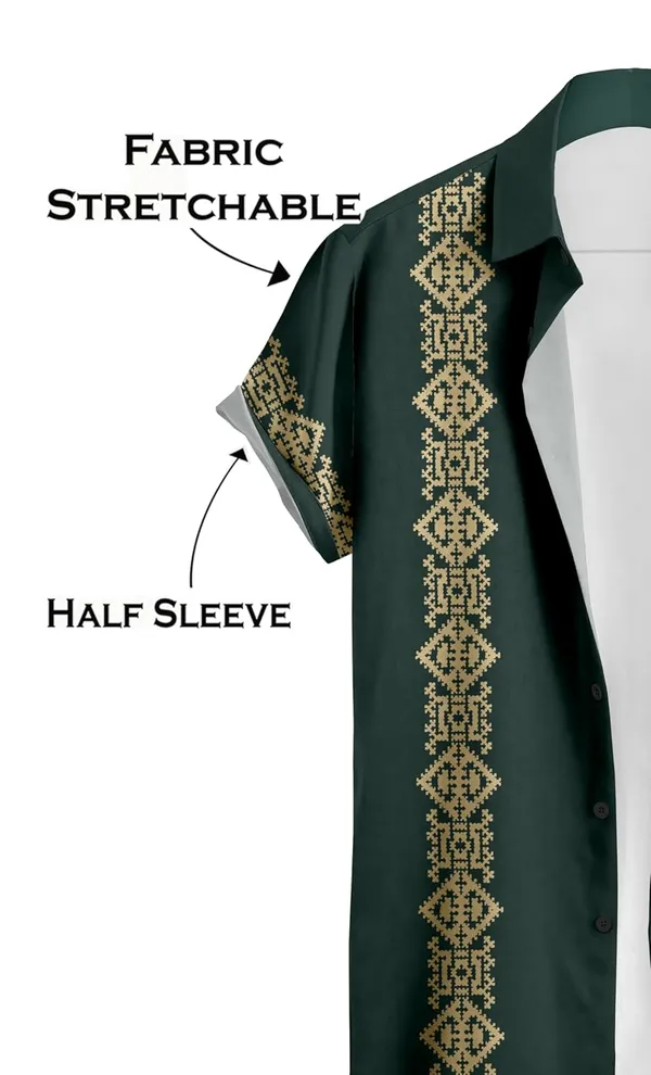 Green_Traditional_Embroidered_Short_Sleeve_Shirt,_Dark_Green_With_Gold_Pattern,_Casual_Button_Down