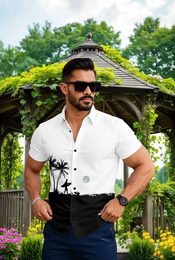 White_Summer_Beach_Shirt,_Short_Sleeve_Button_Down,_Surfer_Palm_Tree_Print,_White_And_Black