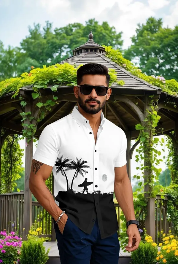 White_Summer_Beach_Shirt,_Short_Sleeve_Button_Down,_Surfer_Palm_Tree_Print,_White_And_Black
