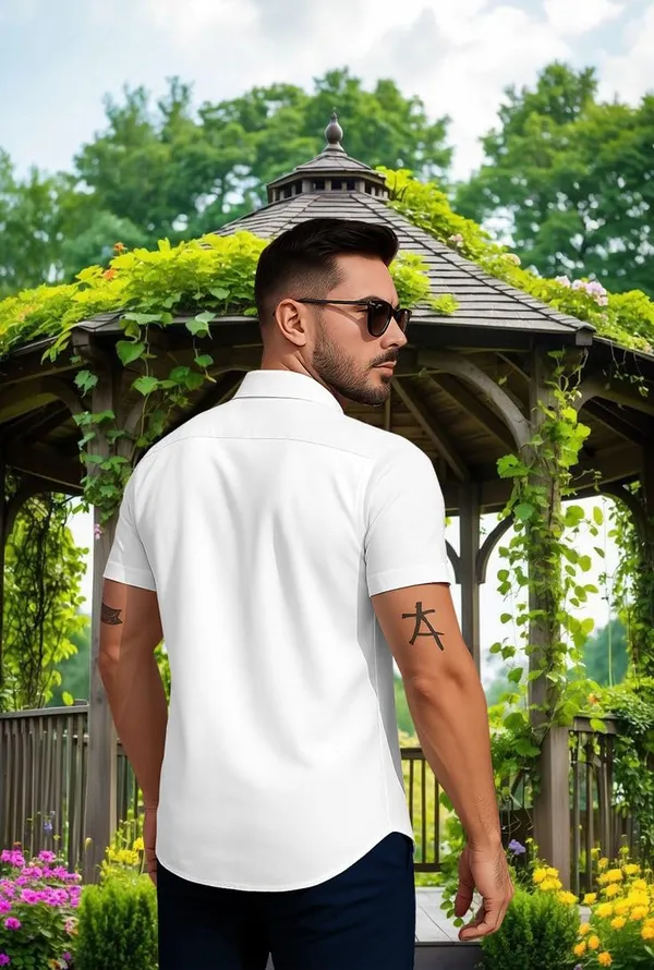 White_Summer_Beach_Shirt,_Short_Sleeve_Button_Down,_Surfer_Palm_Tree_Print,_White_And_Black