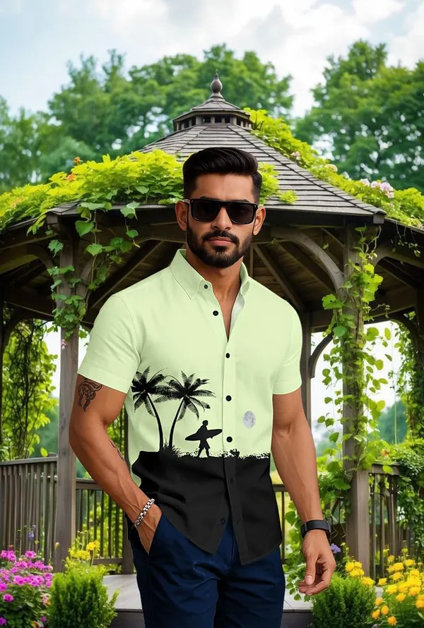 Parrot_Summer_Beach_Shirt,_Short_Sleeve_Button_Down,_Surfer_Palm_Tree_Print,_White_And_Black