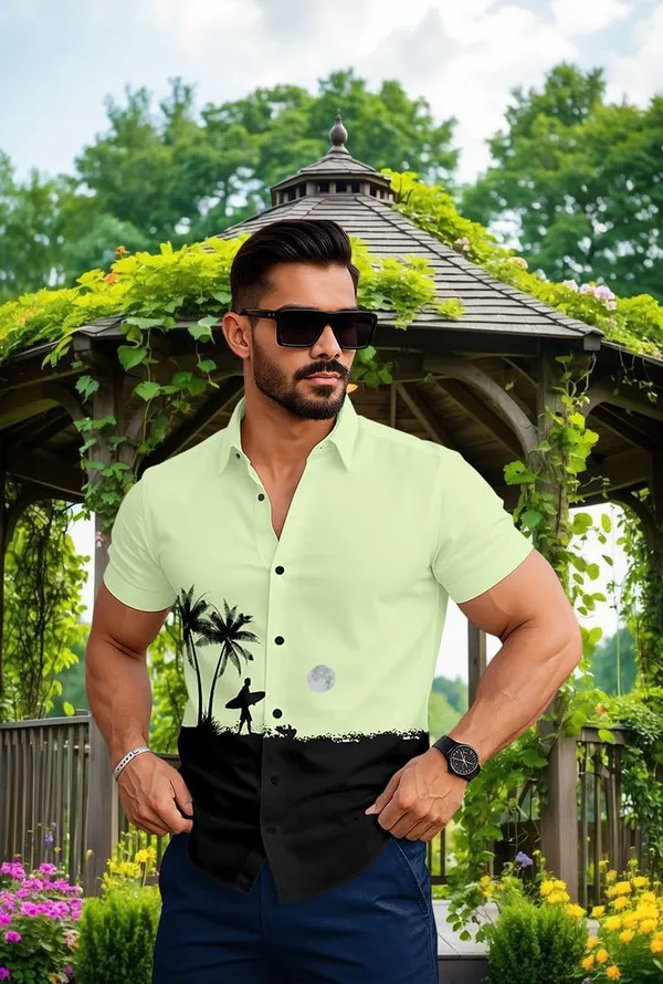 Parrot_Summer_Beach_Shirt,_Short_Sleeve_Button_Down,_Surfer_Palm_Tree_Print,_White_And_Black