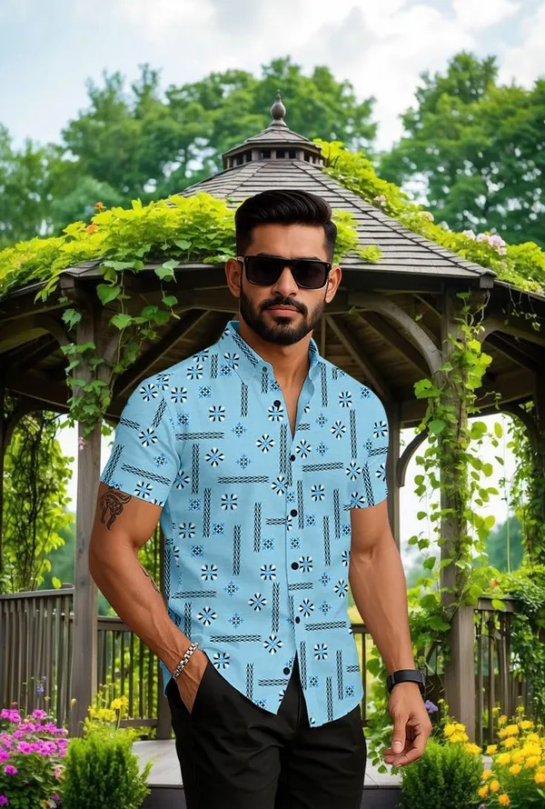 Blue_Floral_Print_Short_Sleeve_Button_Down_Shirt,_Sage_Green,_Casual_Summer_Wear