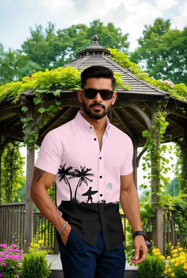 Pink_Summer_Beach_Shirt,_Short_Sleeve_Button_Down,_Surfer_Palm_Tree_Print,_White_And_Black