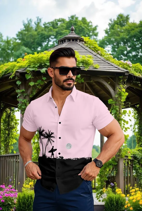 Pink_Summer_Beach_Shirt,_Short_Sleeve_Button_Down,_Surfer_Palm_Tree_Print,_White_And_Black