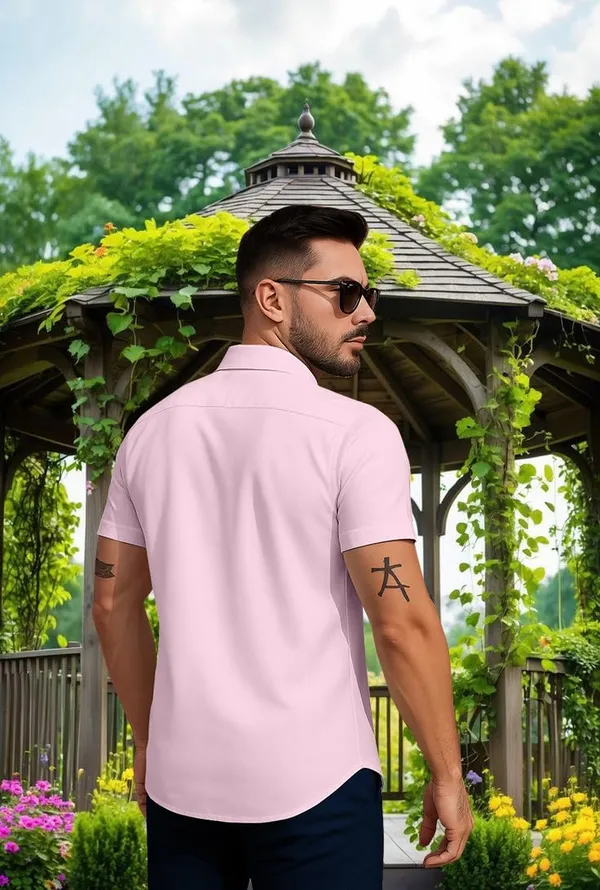 Pink_Summer_Beach_Shirt,_Short_Sleeve_Button_Down,_Surfer_Palm_Tree_Print,_White_And_Black