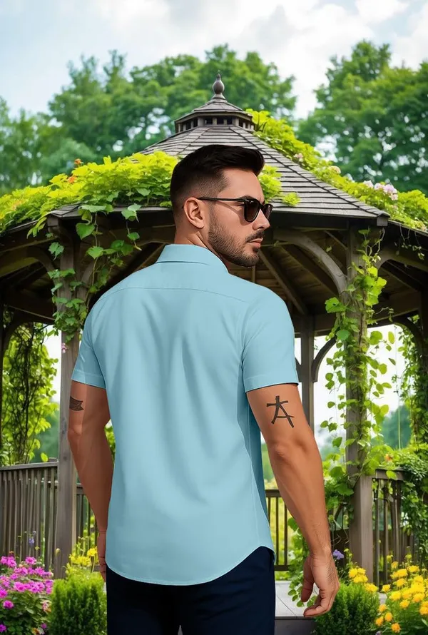 Blue_Summer_Beach_Shirt,_Short_Sleeve_Button_Down,_Surfer_Palm_Tree_Print,_White_And_Black