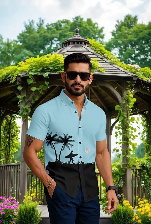 Blue_Summer_Beach_Shirt,_Short_Sleeve_Button_Down,_Surfer_Palm_Tree_Print,_White_And_Black