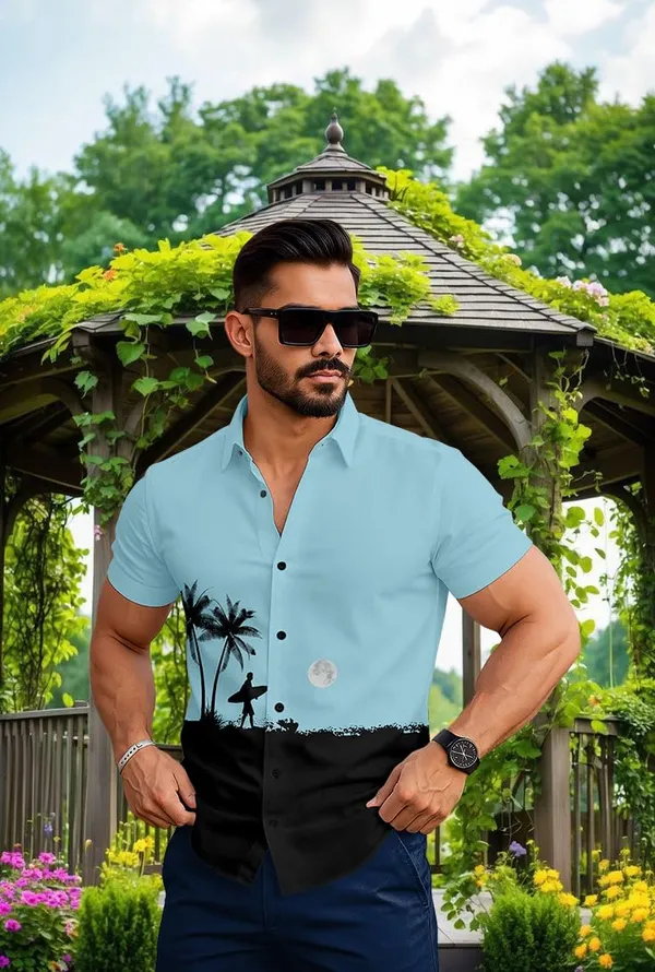 Blue_Summer_Beach_Shirt,_Short_Sleeve_Button_Down,_Surfer_Palm_Tree_Print,_White_And_Black