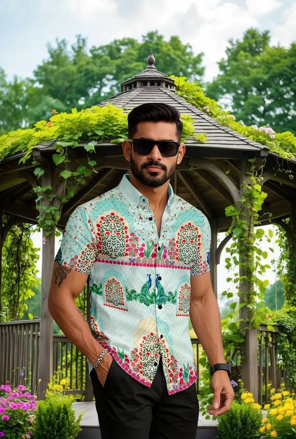 Multicolour_Peacock_Print_Short_Sleeve_Shirt,_Turquoise_Floral_Pattern,_Summer_Casual_Button_Down