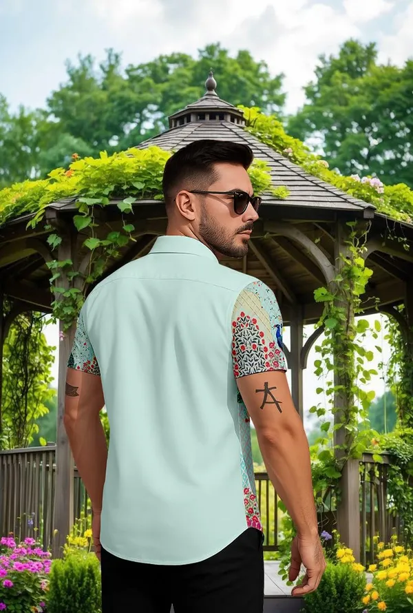 Multicolour_Peacock_Print_Short_Sleeve_Shirt,_Turquoise_Floral_Pattern,_Summer_Casual_Button_Down