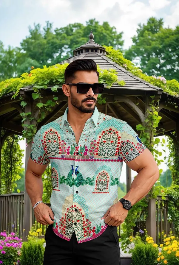 Multicolour_Peacock_Print_Short_Sleeve_Shirt,_Turquoise_Floral_Pattern,_Summer_Casual_Button_Down