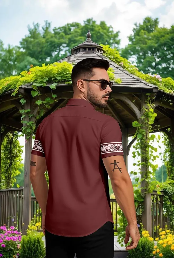 Marron_Short_Sleeve_Button_Down_Shirt,_Burgundy_With_White_Geometric_Pattern,_Casual_Summer_Wear