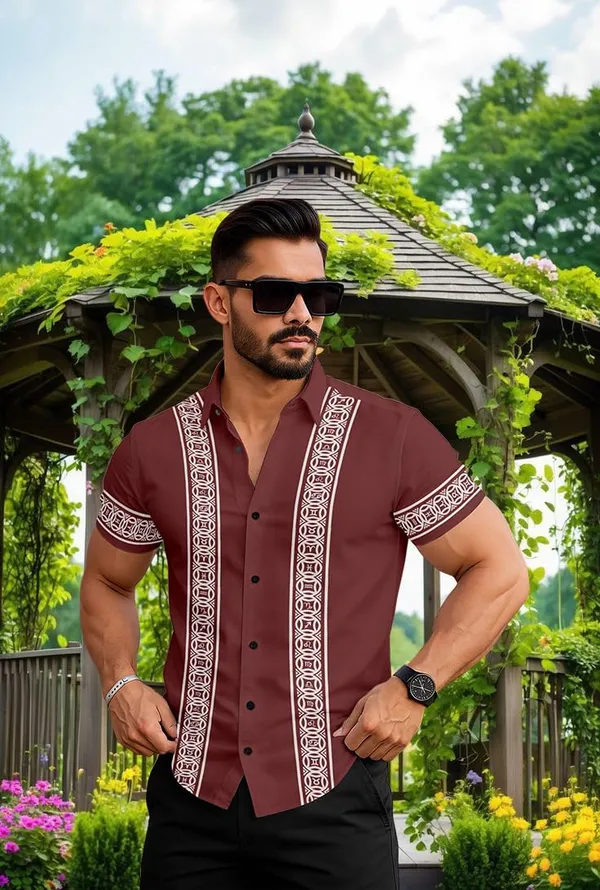 Marron_Short_Sleeve_Button_Down_Shirt,_Burgundy_With_White_Geometric_Pattern,_Casual_Summer_Wear