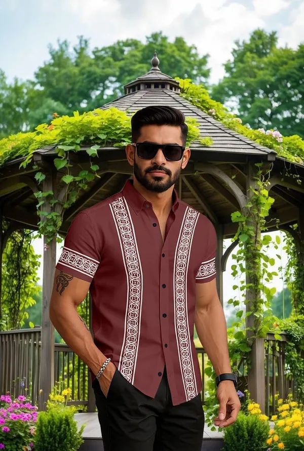 Marron_Short_Sleeve_Button_Down_Shirt,_Burgundy_With_White_Geometric_Pattern,_Casual_Summer_Wear