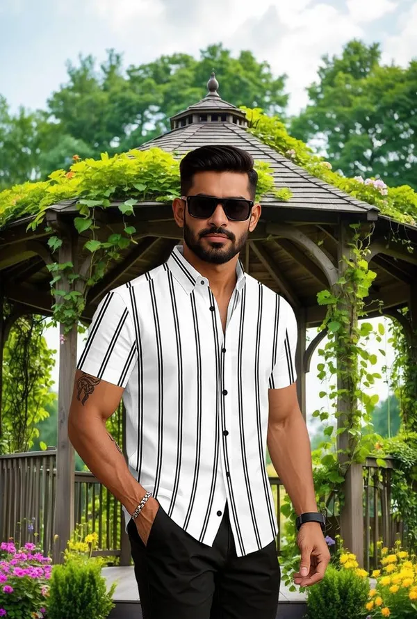 White_Striped_Short_Sleeve_Casual_Shirt_Vertical_Pattern,_Summer_Cotton