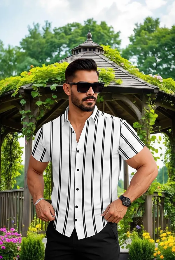 White_Striped_Short_Sleeve_Casual_Shirt_Vertical_Pattern,_Summer_Cotton