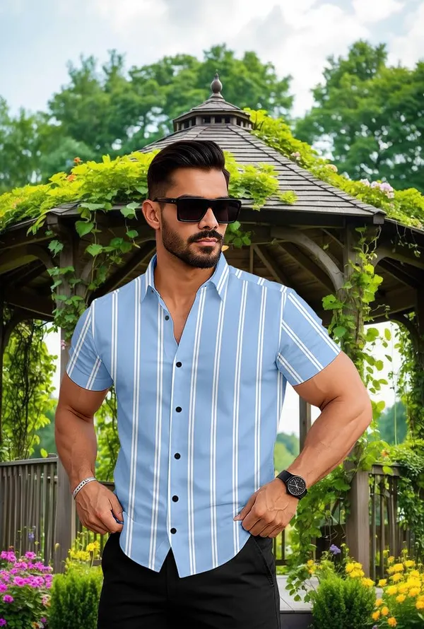 Blue_Striped_Short_Sleeve_Casual_Shirt_Vertical_Pattern,_Summer_Cotton