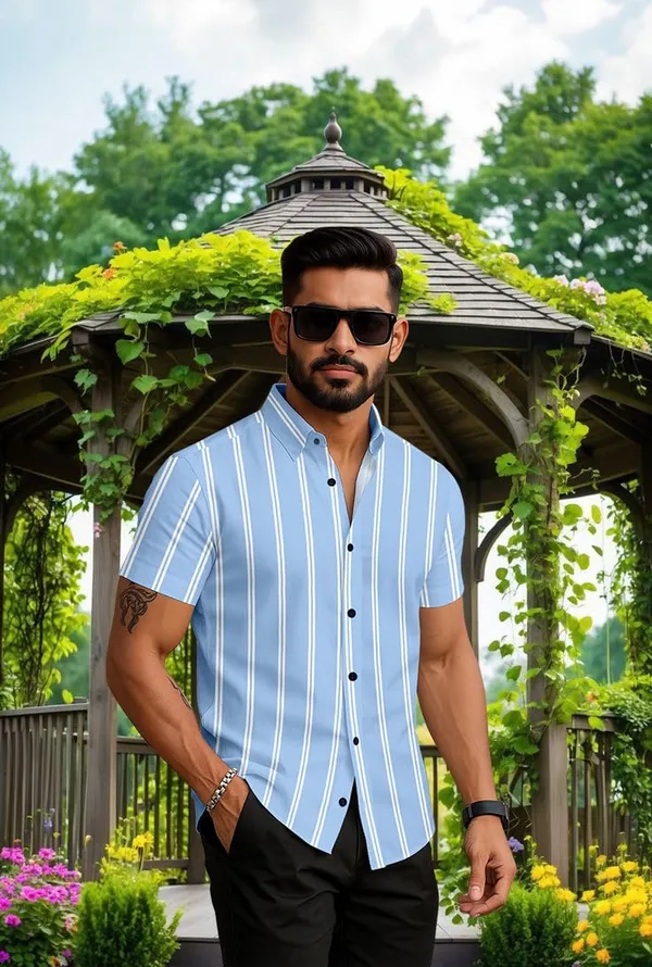 Blue_Striped_Short_Sleeve_Casual_Shirt_Vertical_Pattern,_Summer_Cotton