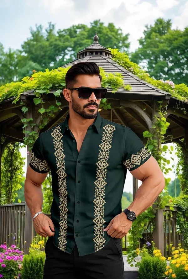 Green_Embroidered_Short_Sleeve_Button_Down_Shirt,_Dark_Green_With_Gold_Pattern,_Casual_Summer_Wear