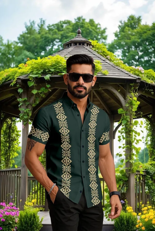 Green_Embroidered_Short_Sleeve_Button_Down_Shirt,_Dark_Green_With_Gold_Pattern,_Casual_Summer_Wear