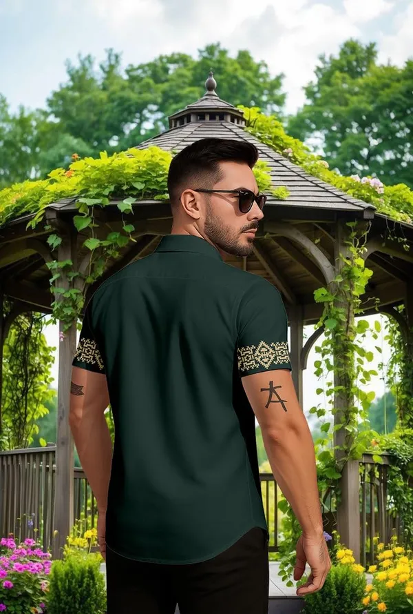 Green_Embroidered_Short_Sleeve_Button_Down_Shirt,_Dark_Green_With_Gold_Pattern,_Casual_Summer_Wear