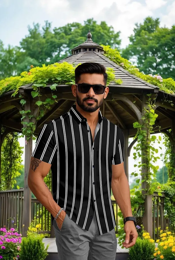 Black_Striped_Short_Sleeve_Casual_Shirt_Vertical_Pattern,_Summer_Cotton