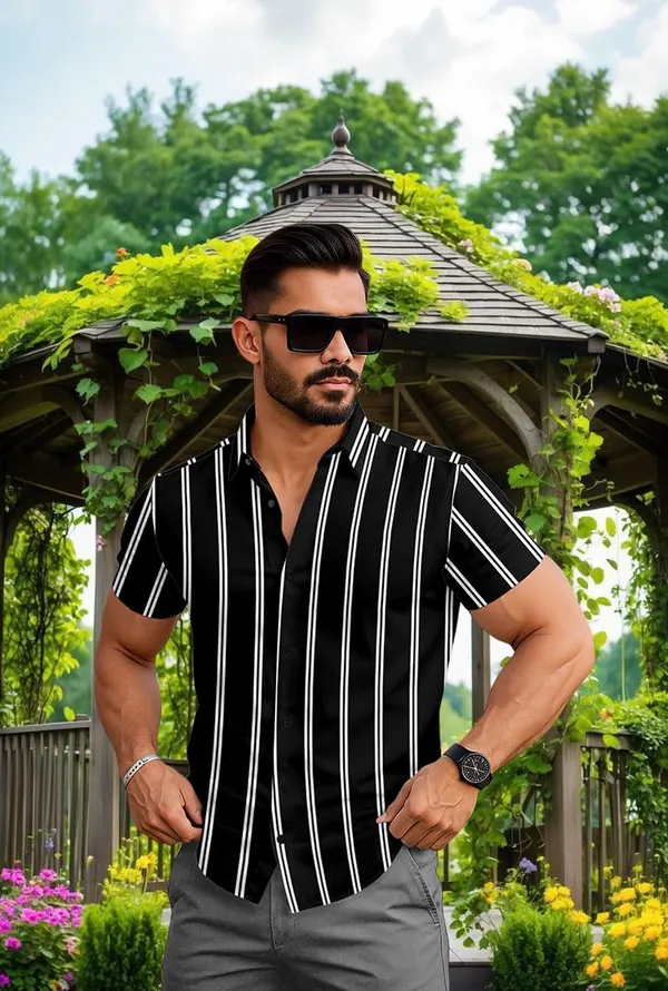 Black_Striped_Short_Sleeve_Casual_Shirt_Vertical_Pattern,_Summer_Cotton