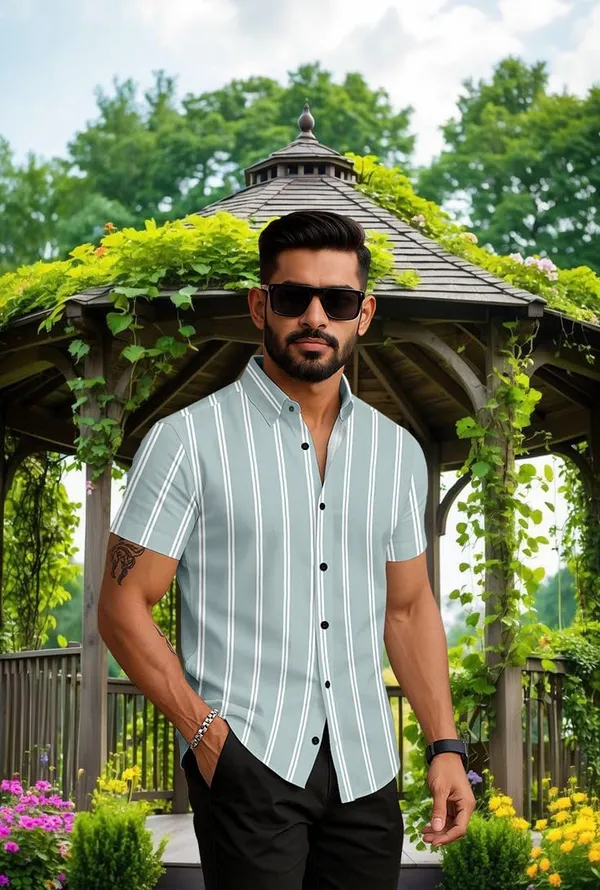 Green_Striped_Short_Sleeve_Casual_Shirt_Vertical_Pattern,_Summer_Cotton