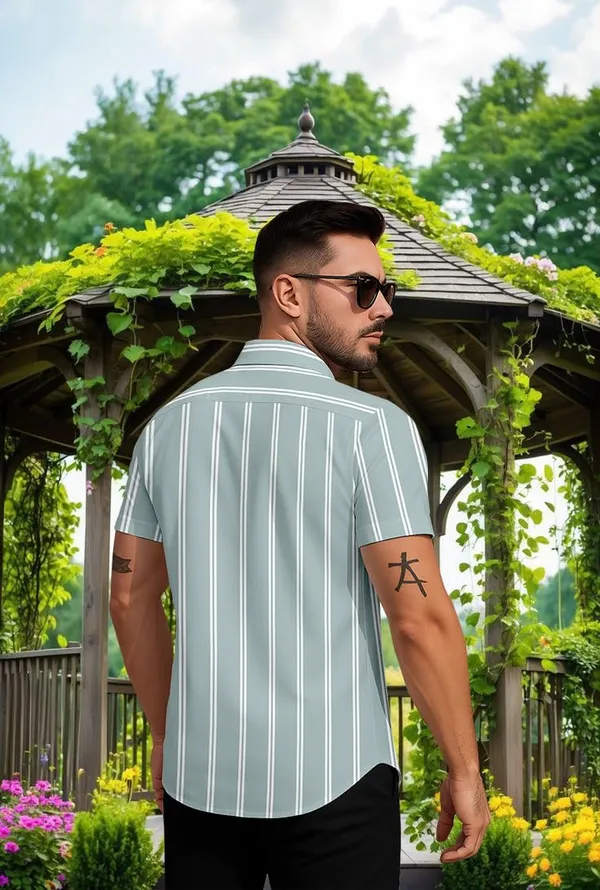 Green_Striped_Short_Sleeve_Casual_Shirt_Vertical_Pattern,_Summer_Cotton