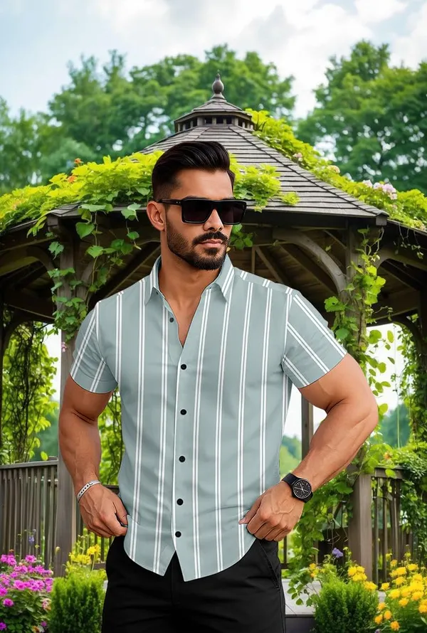 Green_Striped_Short_Sleeve_Casual_Shirt_Vertical_Pattern,_Summer_Cotton