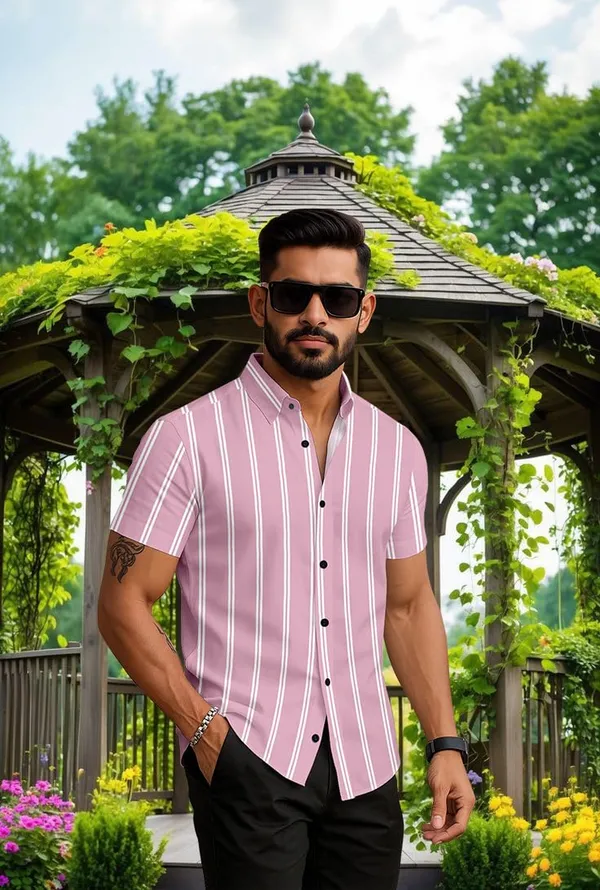 Pink_Striped_Short_Sleeve_Casual_Shirt_Vertical_Pattern,_Summer_Cotton