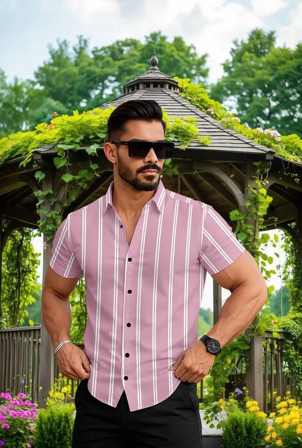 Pink_Striped_Short_Sleeve_Casual_Shirt_Vertical_Pattern,_Summer_Cotton