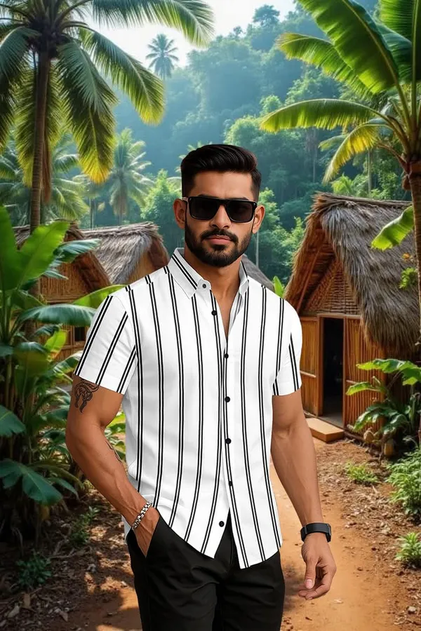White_Casual_Striped_Short_Sleeve_Button_Down_Shirt,_Summer_Beach_Wear
