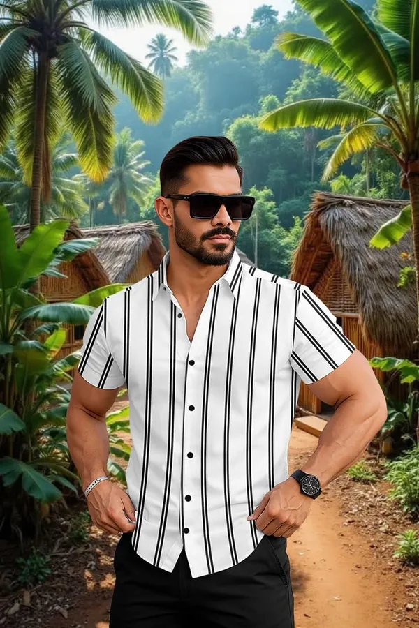 White_Casual_Striped_Short_Sleeve_Button_Down_Shirt,_Summer_Beach_Wear