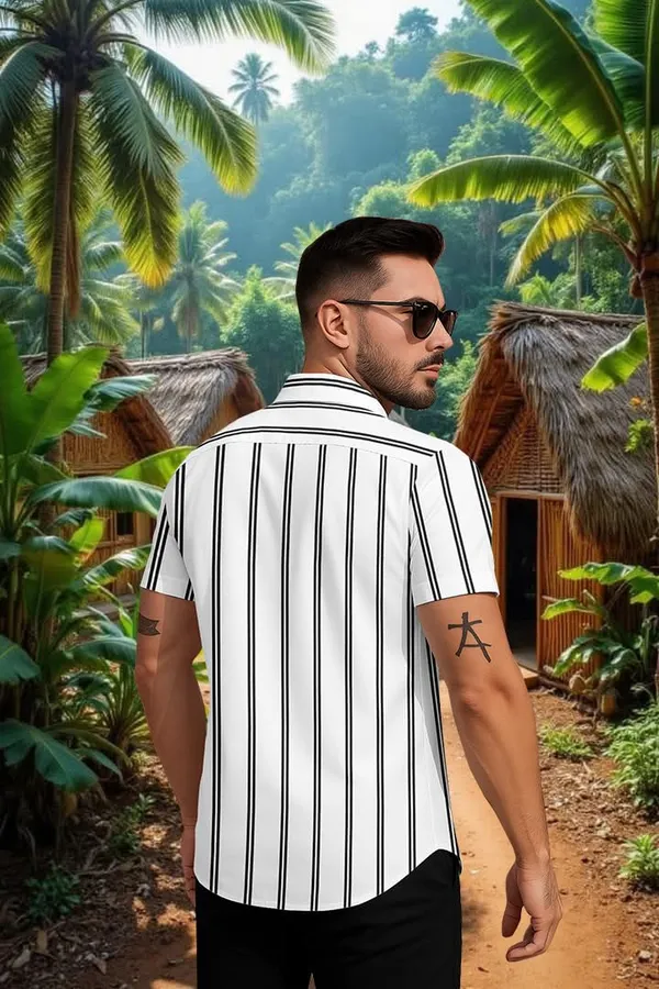 White_Casual_Striped_Short_Sleeve_Button_Down_Shirt,_Summer_Beach_Wear