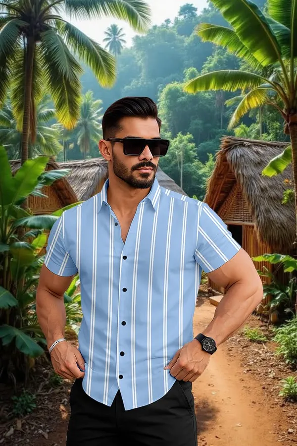 Blue_Casual_Striped_Short_Sleeve_Button_Down_Shirt,_Summer_Beach_Wear