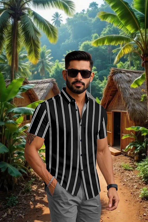 Black_Casual_Striped_Short_Sleeve_Button_Down_Shirt,_Summer_Beach_Wear