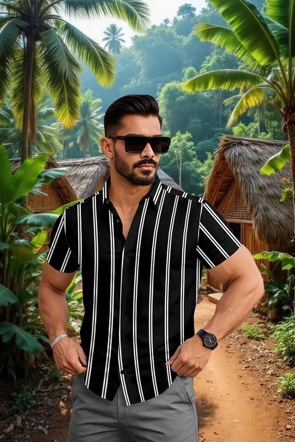 Black_Casual_Striped_Short_Sleeve_Button_Down_Shirt,_Summer_Beach_Wear