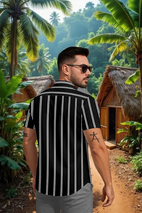 Black_Casual_Striped_Short_Sleeve_Button_Down_Shirt,_Summer_Beach_Wear