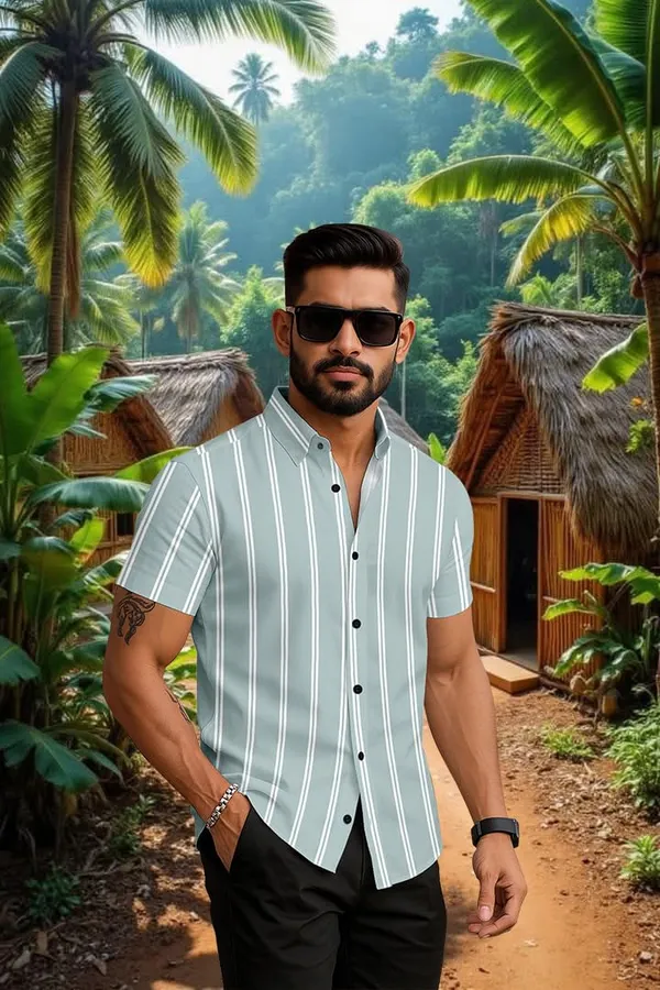 Green_Casual_Striped_Short_Sleeve_Button_Down_Shirt,_Summer_Beach_Wear