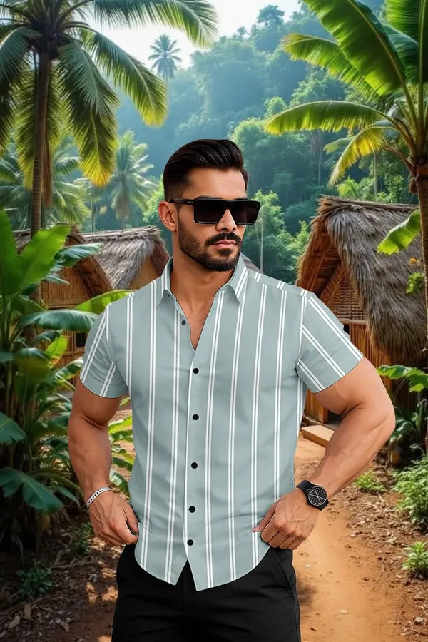 Green_Casual_Striped_Short_Sleeve_Button_Down_Shirt,_Summer_Beach_Wear