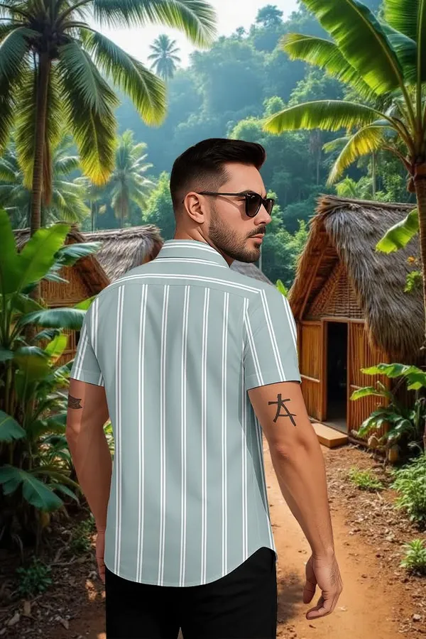 Green_Casual_Striped_Short_Sleeve_Button_Down_Shirt,_Summer_Beach_Wear