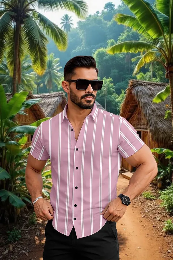 Pink_Casual_Striped_Short_Sleeve_Button_Down_Shirt,_Summer_Beach_Wear