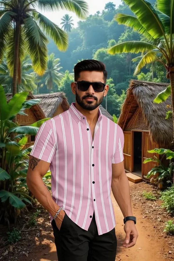 Pink_Casual_Striped_Short_Sleeve_Button_Down_Shirt,_Summer_Beach_Wear