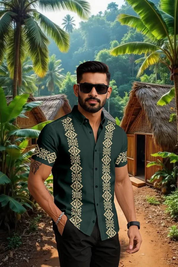 Green_Embroidered_Short_Sleeve_Shirt,_Dark_Green_With_Gold_Pattern,_Casual_Button_Down