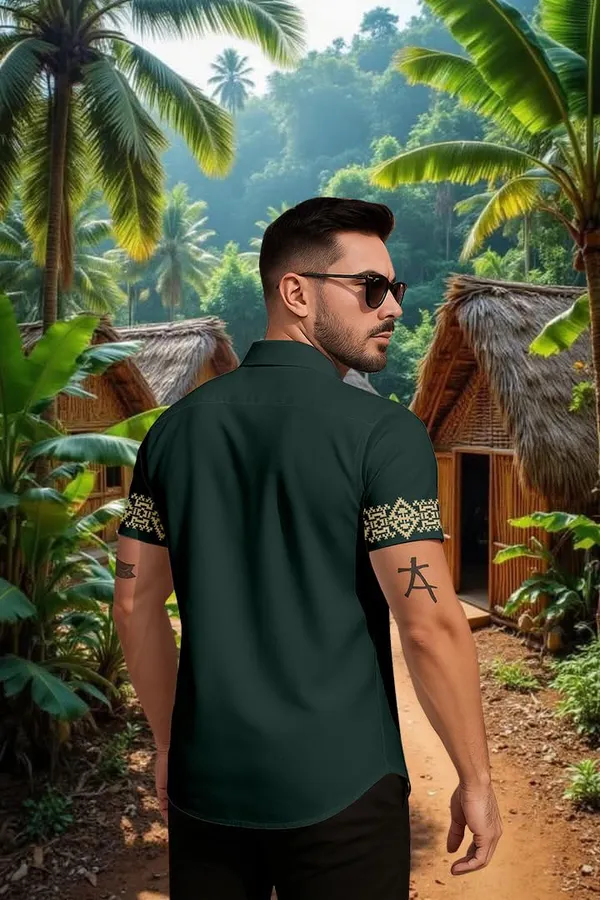 Green_Embroidered_Short_Sleeve_Shirt,_Dark_Green_With_Gold_Pattern,_Casual_Button_Down