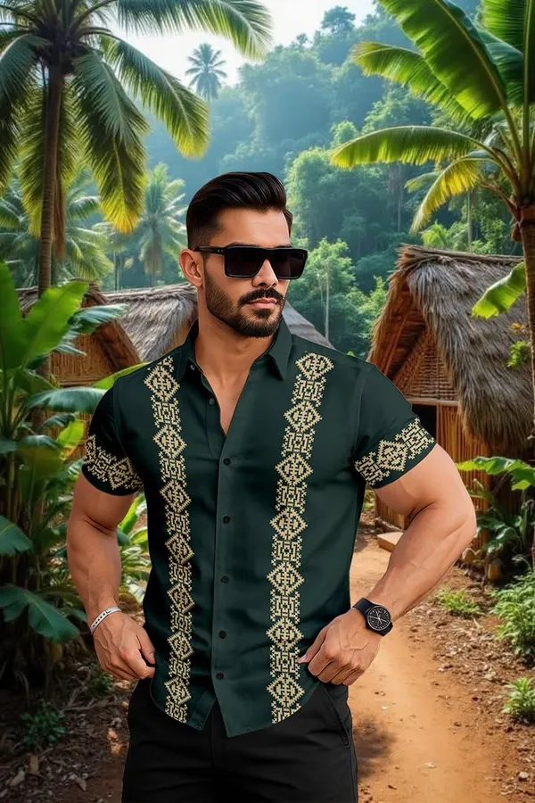 Green_Embroidered_Short_Sleeve_Shirt,_Dark_Green_With_Gold_Pattern,_Casual_Button_Down