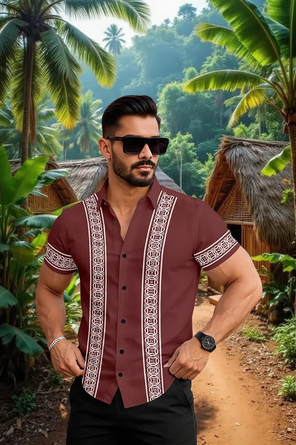 Maroon_Short_Sleeve_Button_Down_Shirtwith_White_Geometric_Pattern,_Casual_Beach_Style